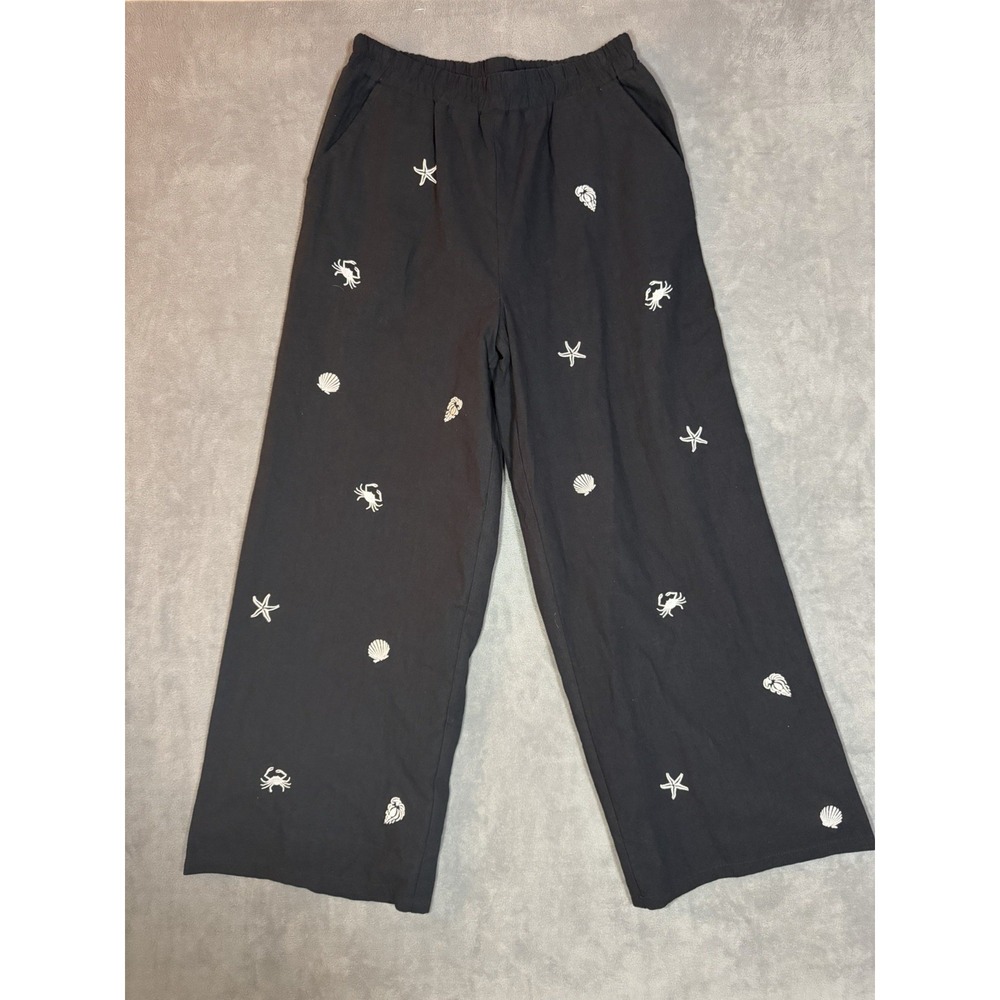 Able Sealife Embroidered Pants Navy Black Size Medium Coastal Nautical Beach